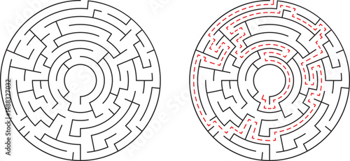 Circular maze puzzle with solved path illustrating problem solving and solutions