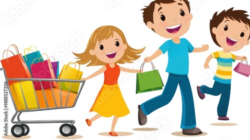 A family shopping for groceries, with a shopping cart full of colorful bags.