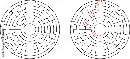 Circular maze illustration depicting solution and challenge for puzzles and conceptual ideas