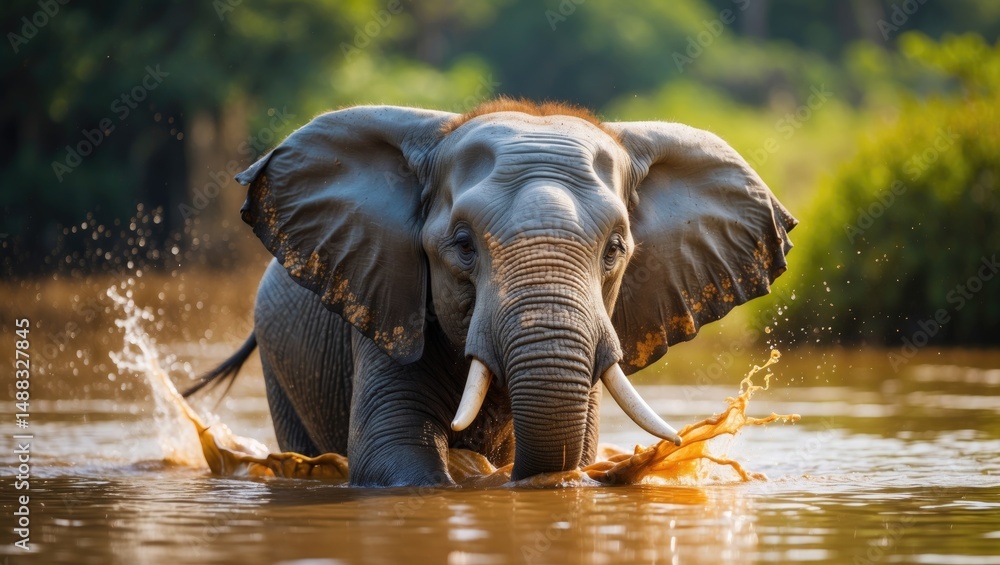 Fototapeta premium Elephant playing in a muddy water pool.