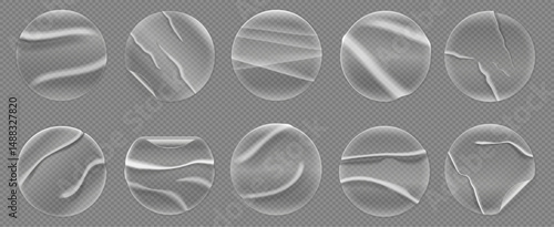 Transparent circle sticker. Round paper label mockup with adhesive glue effect, realistic circular tags for sale price. Vector isolated patch set