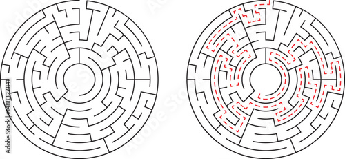 Circular maze illustration unsolved and solved featuring pathfinding solutions for problem solving concepts