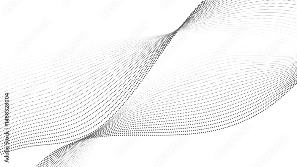 Fototapeta premium Dot wave background. Line curve pattern, black and white wavy dynamic flowing particles backdrop, abstract halftone gradient wallpaper design. Vector illustration