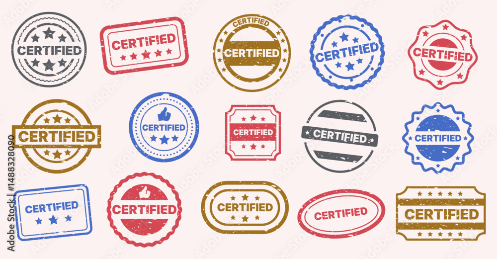 Obraz premium Certified stamp. Quality guarantee rubber seal, verification and approving document certify emblem, circle blue red badge with stars. Vector round stamps set