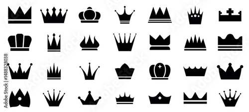 Crown icon. Royal king queen prince crowns silhouettes, crowned authority symbols, luxury imperial minimal doodle elements for logo design. Vector isolated set
