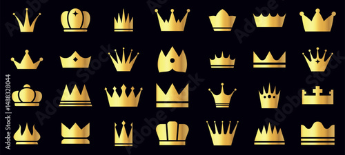 Golden crown icons. Royal king queen luxury crowns, gold coronation crest symbol for prince princess, nobility authority crowned award sign. Vector isolated set