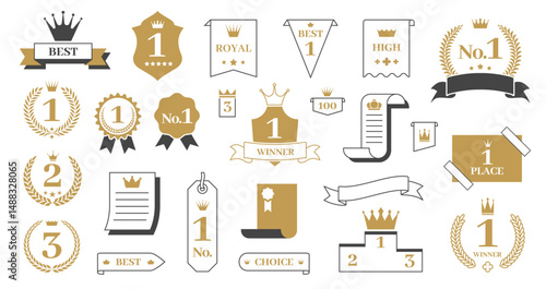 Award crown with ribbon. Winner rank decoration, champion golden laurel wreath emblem, best ranking badge, prize medal title awards banners. Vector winning prizes isolated set