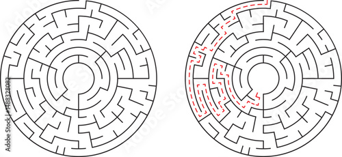 A complex circular maze with solution path outlined in red dotted lines