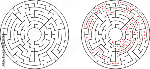 Two circular mazes one solved and one unsolved illustrating problem solving and strategy