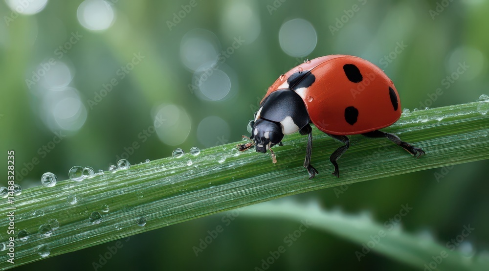 Fototapeta premium Close-Up of a Ladybug on a Dewy Leaf