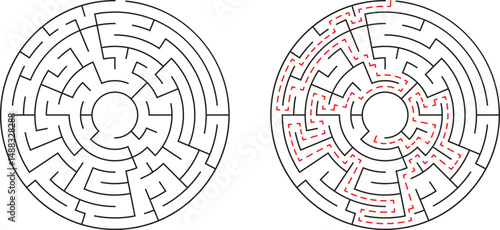 Two circular mazes one solved representing solutions and problem solving concepts