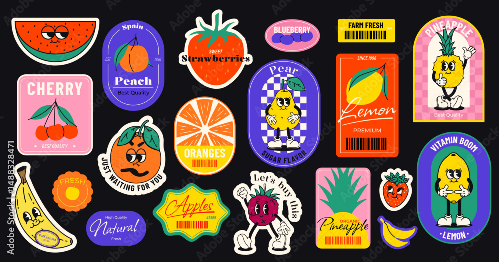 Retro cartoon fruit sticker. Comic patch with pineapple, berry, cherry, apple, strawberry, lemon and banana, cute fruits retro stickers. Vector food badge collection