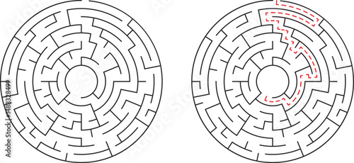 Two circular mazes one with solution marked illustrating problem solving and concept exploration