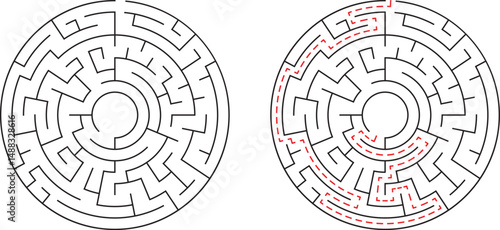 Circular maze puzzle with solved path showing conceptual problem solving and strategy