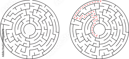 Circular mazes with paths one empty one solved representing problem solving and solutions