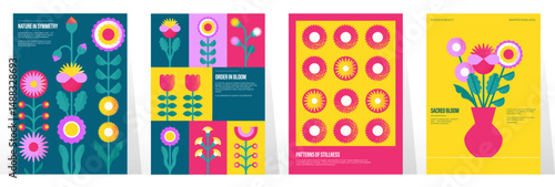 Geometric flowers postcard. Abstract floral spring summer pattern for background design, modern banners with geometry flower leaves and bouquet in vase. Vector floral posters set