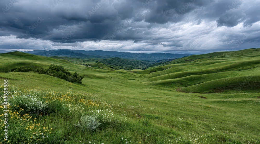 Obraz premium Serene Rolling Hills Under Cloudy Sky