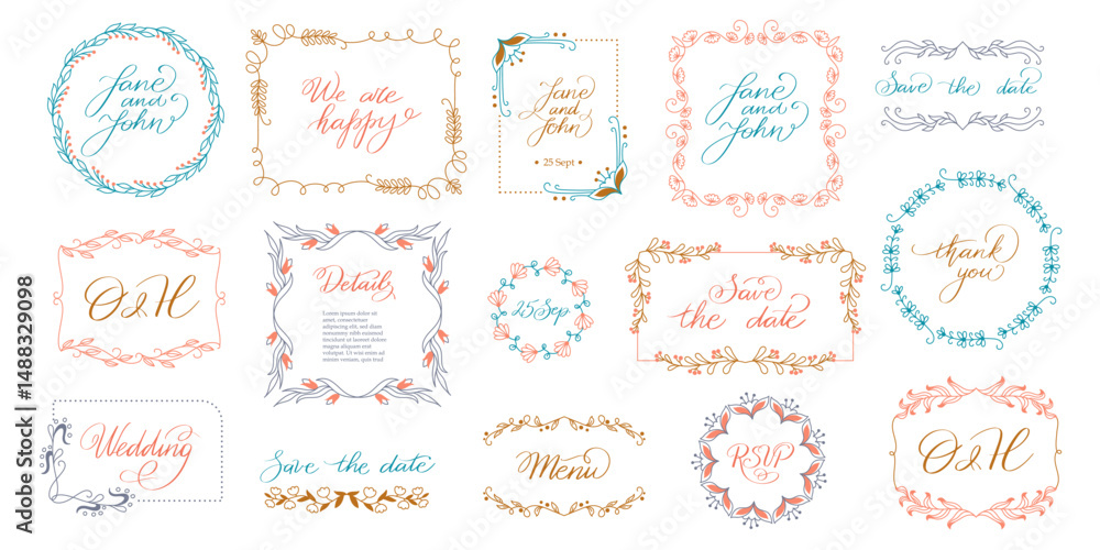 Rustic wedding monogram. Floral decorative frames, flower wreath and branches, initials banner design, vintage elegant flourish ornament borders. Vector wedding frame set Rustic wedding monogram. Floral decorative frames, flower wreath and branches, initials banner design, vintage elegant flourish ornament borders. Vector wedding frame set
