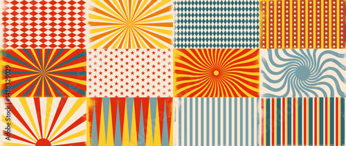 Circus retro background. Vintage fair carnival posters with radial sunshine ray burst and geometric shapes, retro circus spiral backdrop. Vector carnival wallpaper set