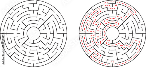 Circular maze with solution showing path to successful problem solving and strategy