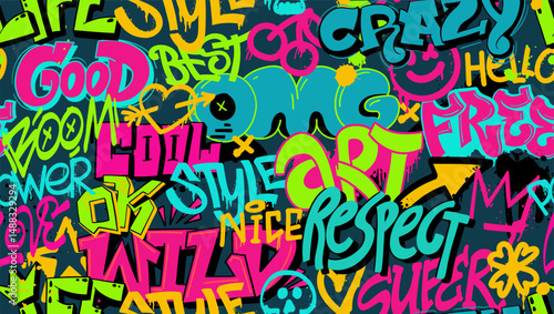 Graffiti pattern. Colorful background of wall street art spray font, abstract urban hip hop seamless print, painted graffiti urbanist rap design. Vector texture