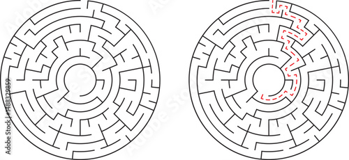 Two circular mazes with a solved path depicting problem solving and solutions