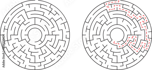 Complex circular labyrinth puzzle with solution path displayed for problem solving concepts