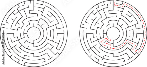Circular labyrinth vector illustration showing complexity and a solved path in red for problem solving