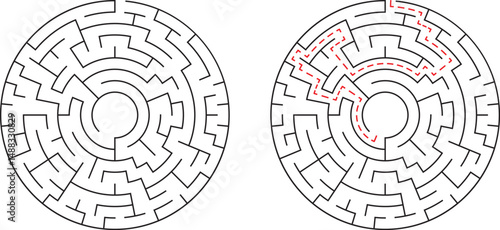 Circular maze design with solution path for problem solving and strategic thinking