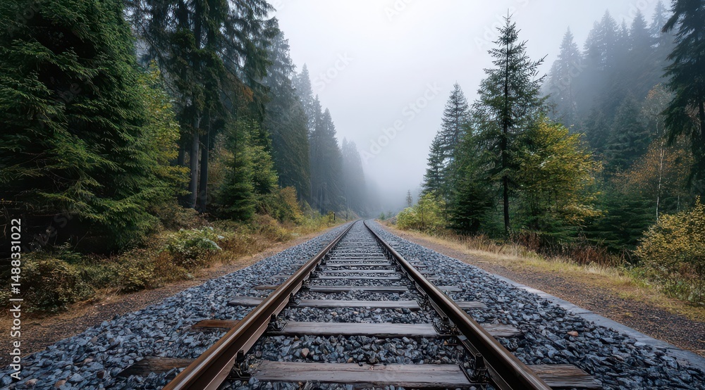 Fototapeta premium Tranquil Railway Through Misty Forest Landscape 