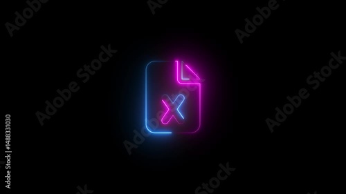File excel symbol icon animation neon glow on black background