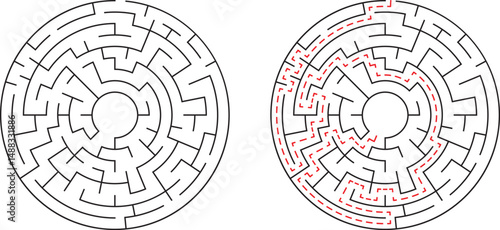 Circular maze with and without solution depicting problem solving and finding solutions
