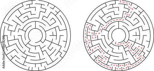 Circular maze illustration showing the path and solution in a black and white design
