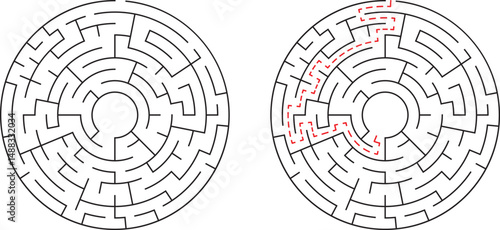 Circular maze illustration demonstrating solution path and problem solving concept