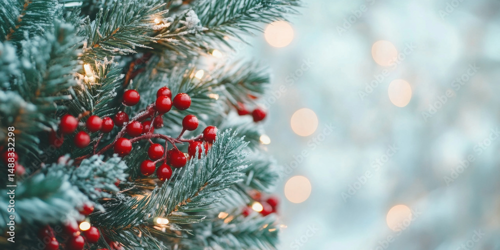 Snow covered evergreen branches with red berries and glowing holiday lights creating a festive winter atmosphere Snow covered evergreen branches with red berries and glowing holiday lights creating a festive winter atmosphere