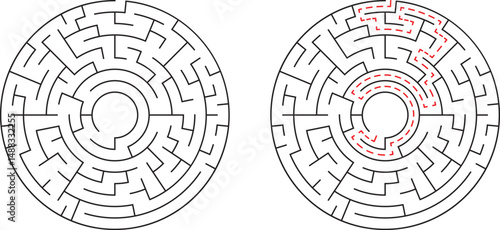 Circular maze puzzle solution with path marked in red showing problem solving process