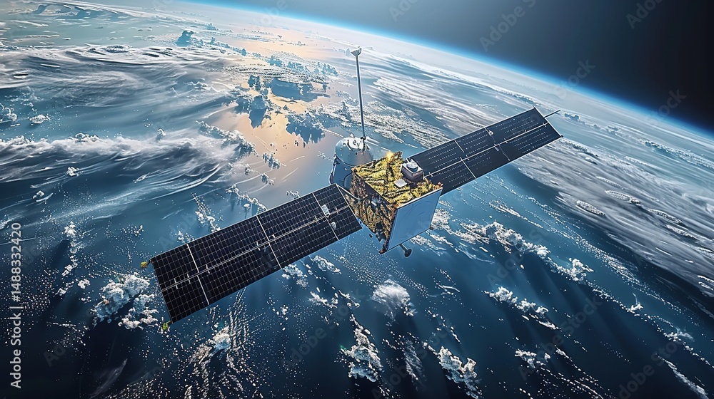 Fototapeta premium Satellite - orbiting Tech Background: Unlocking the Dynamics of Space Navigation, Communication, and Cosmic Engineering