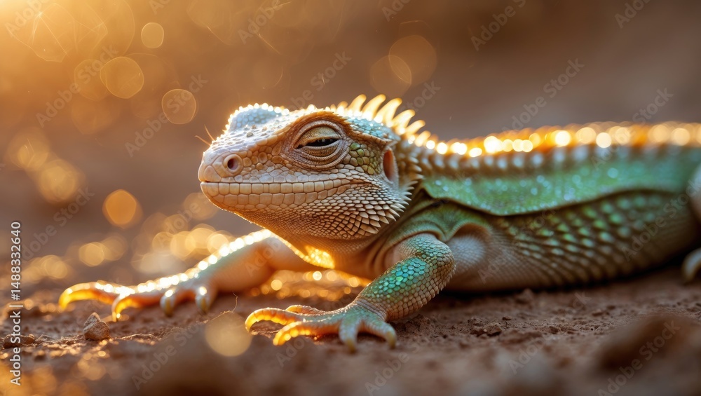 Fototapeta premium Isolated lizard warming itself in the summer sun, a close view of its dwelling.