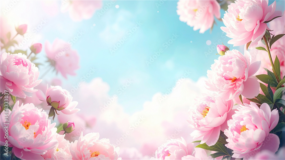 Fototapeta premium 青空背景の美しいペールピンクの芍薬の咲く風景