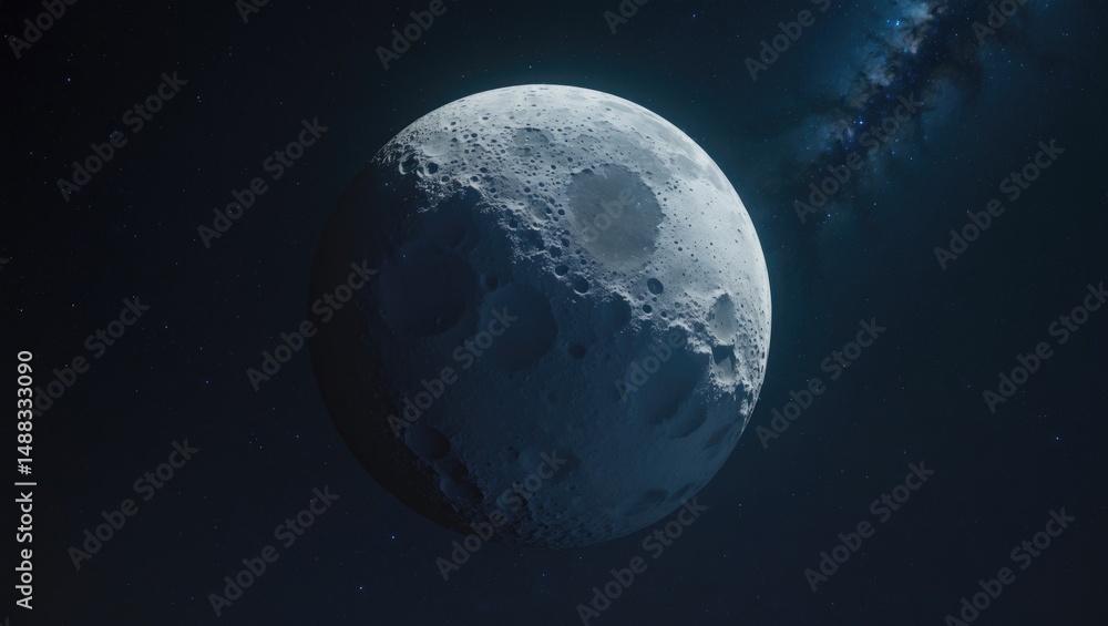 Obraz premium Satellite of the planet with craters. Starry night set against a black backdrop featuring a flat-surfaced stone moon.