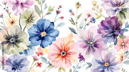 Vibrant watercolor pattern of colorful flowers in various sizes and shapes, flower seamless pattern vector illustration, doodle summer, kids and baby designs for print fabric.