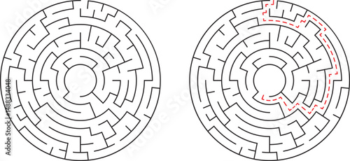 Circular maze solution with red path illustrating the completed route and the maze's correct trail