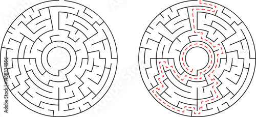 Circular maze illustration black and white featuring path solution and problem solving concept