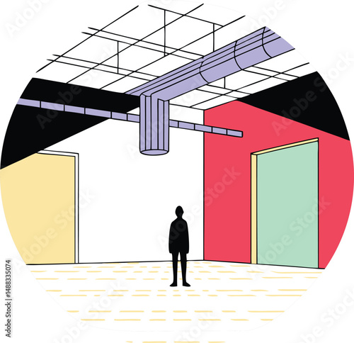 Architectural illustration with figure featuring modern interior space design elements