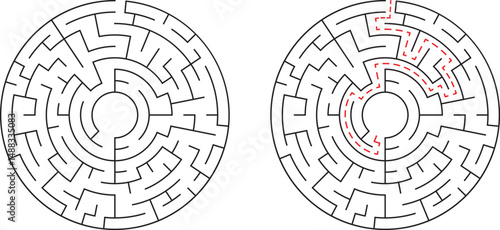 A detailed illustration of circular mazes one unsolved and another with a solved path