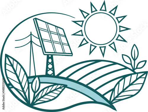 "Icon of a solar panel with sun and rays, using eco-friendly color tones and simple lines"

