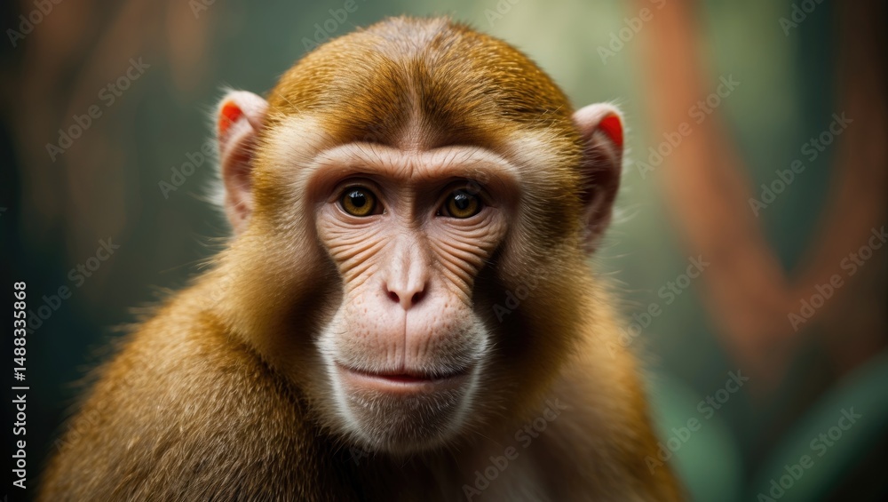 Fototapeta premium Macaque portrait with a blurred forest-colored background