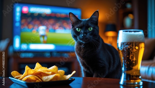 A household cat, a plate of fries, and beer can be observed on the television background.