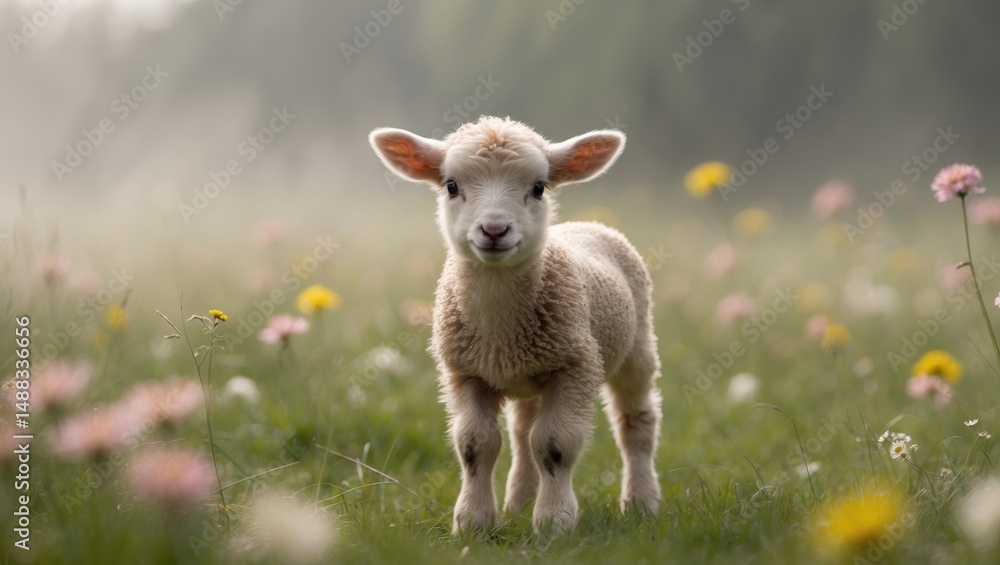 Fototapeta premium Close-up of a newborn lamb standing in a field.