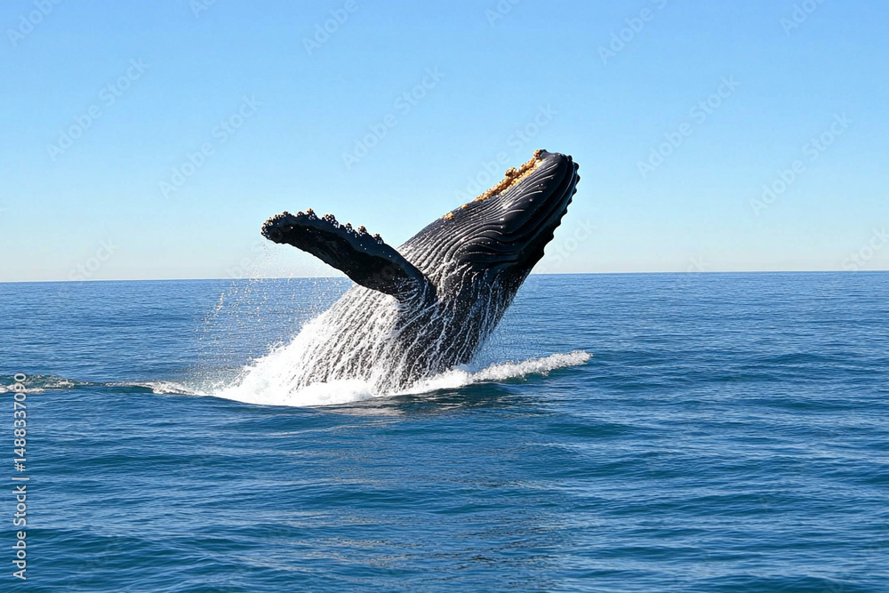 Fototapeta premium Whale breaching dramatically from the surface of the deep blue ocean under clear skies